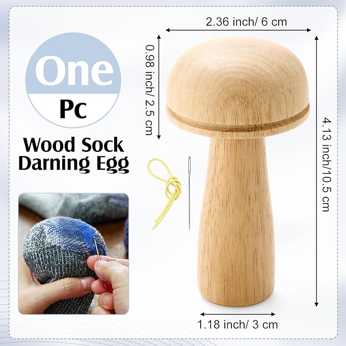 Jexine Darning Mushroom for Socks Wooden Darning Supplies Kit with Large Eye Needles Sewing Threads for Socks Clothes Adults Darner DIY Handicraft Home Sewing Care (Grey Blue)