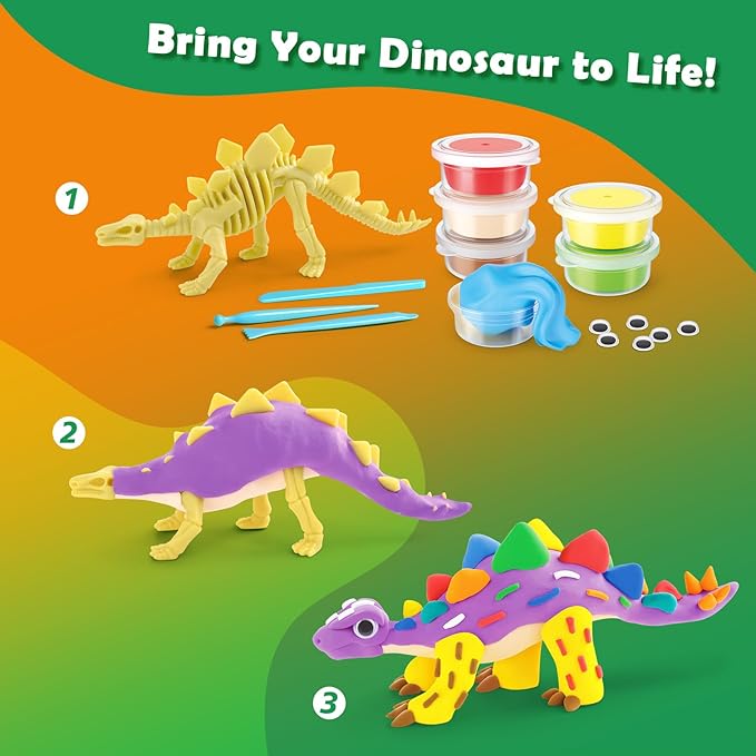 Dinosaur Air Dry Clay Kit – Create 5 Dinosaur Models with 12 Colors of Modeling Clay, Instruction Guide – Fun & Educational Craft Set for Kids