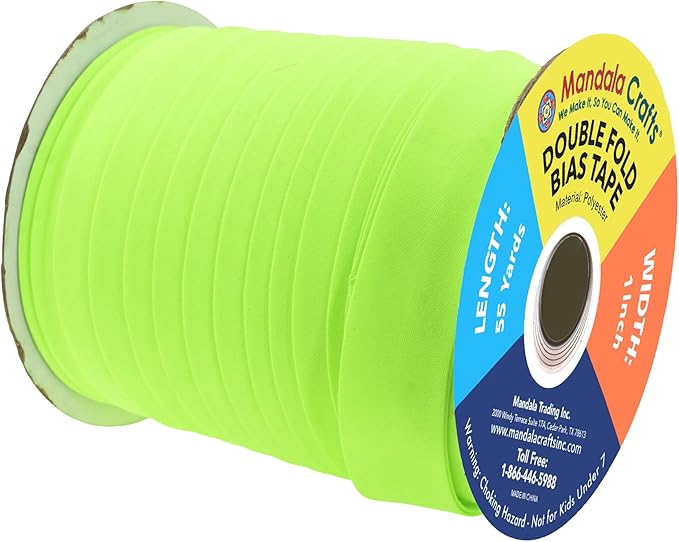 Mandala Crafts 55 Yards 1 Inch Lime Green Double Fold Bias Tape for Sewing - Bias Binding Tape for Quilting Binding, Hemming, Seam, and Fabric Piping