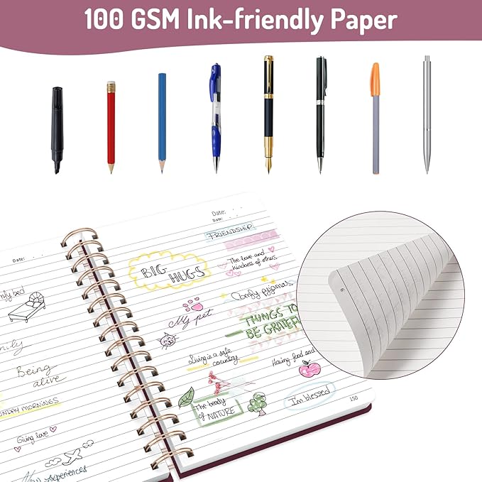 Forvencer Lined Spiral Journal Notebook with 300 Numbered Pages, A5 Thick Journals for Writing with 100GSM Paper, Hardcover Notebooks with Contents for Work, School, Women, Men, Burgundy