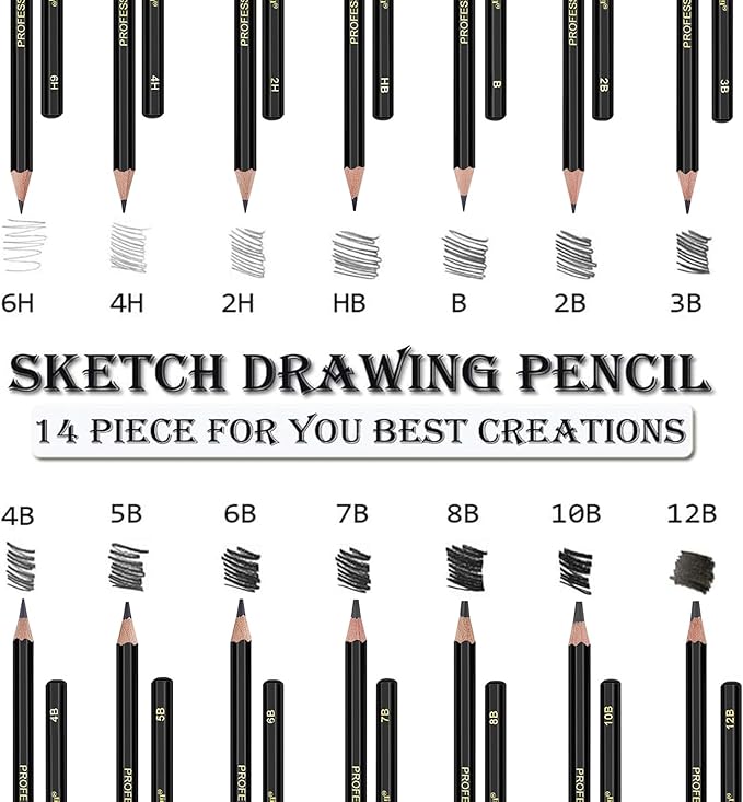 Heshengping Drawing Sketch Pencil Set 14pcs Sketching Pencils 12B 10B 8B 7B 6B 5B 4B 3B 2B B HB 2H 4H 6H Graphite Pencils for Kid Adults Artists Student Beginners Professional