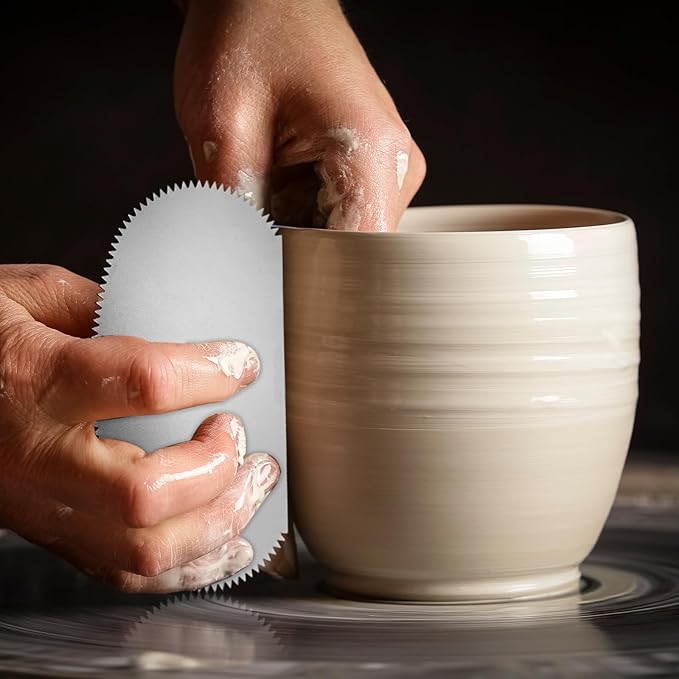 YOKIVE 2Pcs Steel Pottery Tools, Serrated Scraper Clay Ribs 3.94" x 2" Stainless Steel Sculpture Modeling Cutter Ceramic Tools with 2 Gray Chamois Cloth