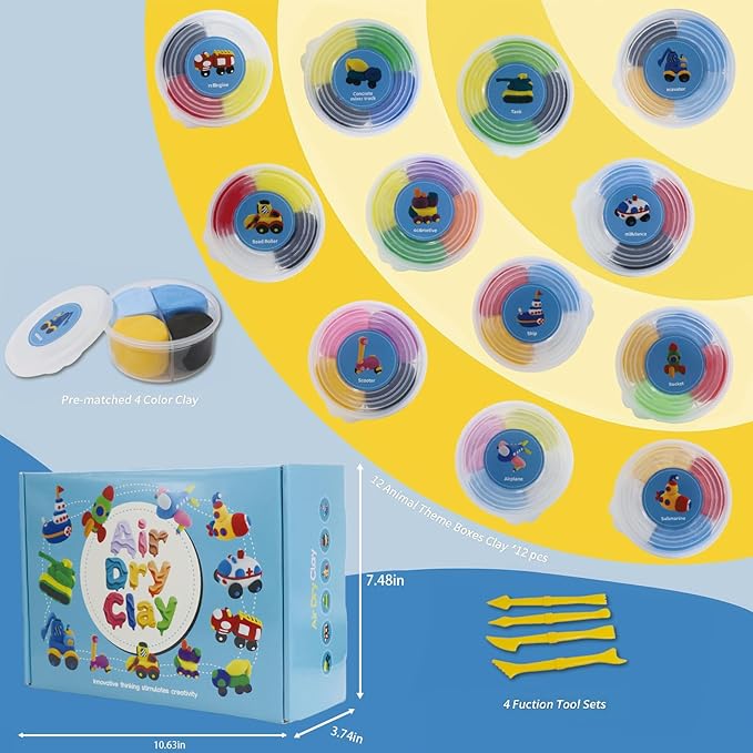 Air Dry Clay Kit - Traffic Themed,12 Boxes Modeling Magic Soft Clay DIY Art Sculpting Supplies，Party Favors Birthday Christmas Gifts for Boys Girls (Traffic)