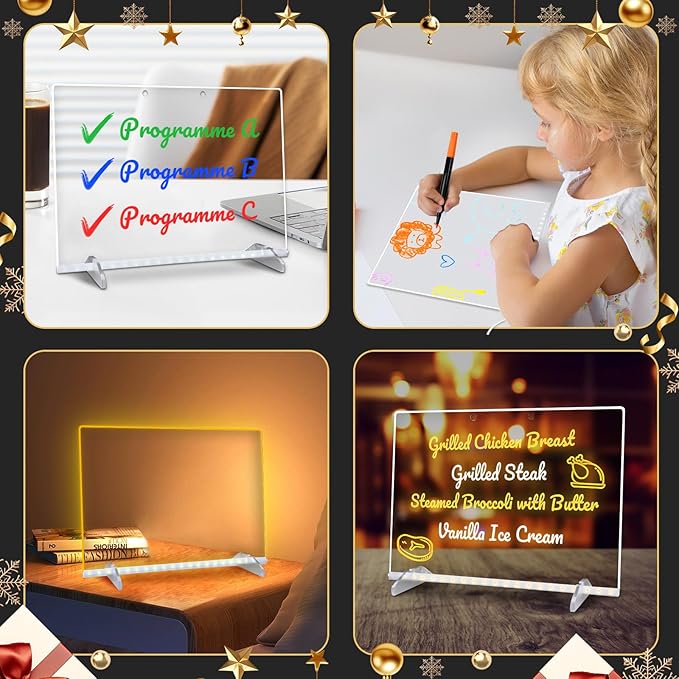 LED Note Board with Colors, 13.7"X10" 6 Modes & 8 Colors Acrylic Dry Erase Boards with Light, Include Adapter, Hanging Chain, Led Drawing Board for Kids with Stand,7 Markers, Spray Bottle