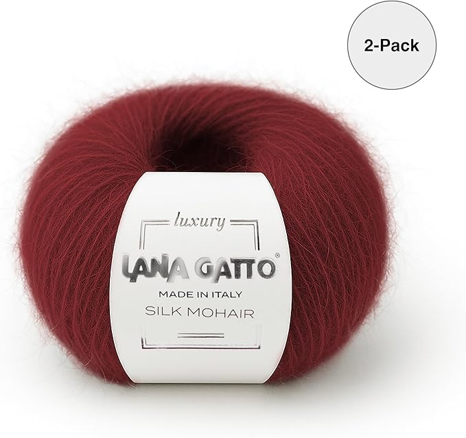 2 Skeins, Silk Mohair Luxury Yarns, Premium and Soft Blend for Knitting and Crocheting, Made in Italy (Red - 6026, 2)