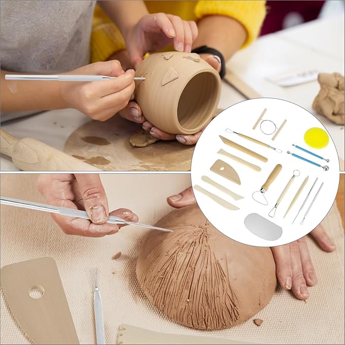 QWORK Pottery Clay Sculpting Tools, 17 Pcs Double-Sided Ceramics Carving Tool, Artists Modeling Tool for for CuttingTrimming Embossing Pattern