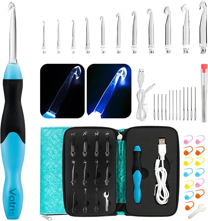 Votris Light Up Crochet Hook Set - 11 in 1 Lighted Crochet Hook Set for Beginners, Ergonomic Soft Grip, Rechargeable Light, Interchangeable Heads - Ideal Crochet Hooks Kit, Gift