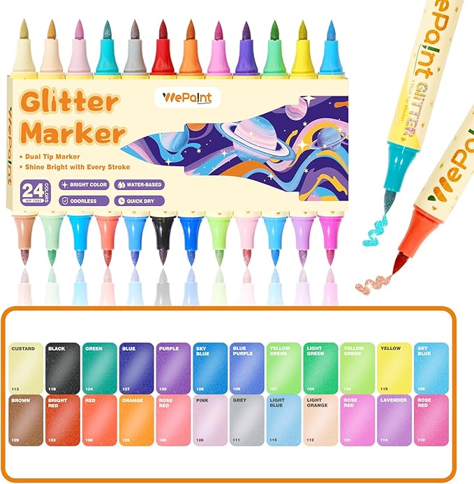 WePaint Glitter Marker Pens Dual Tip, 12 Shimmer Markers 24 Glitter Colors Metallic Marker with Brush Tips, Water-based Ink for Kids Adults DIY Crafts, Card Making, Scrapbooking, Kids School Supplies