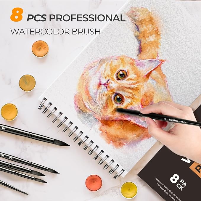 Nicpro 8pcs Watercolor Paint Brushes, Round Pointed Tip Paint Brush Set, Professional Soft Synthetic Squirrel Paint Brushes, Artist Painting Brushes for Watercolor, Inks, Gouache, Acrylic, Oil