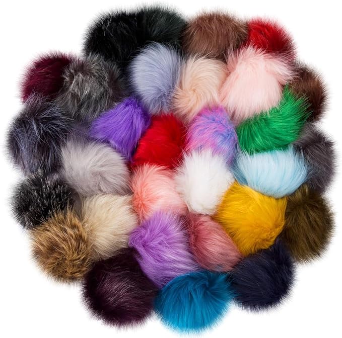 60 Pcs Faux Fur Pom Pom for Hats - 4.5 Inch Soft Pompoms with Elastic Loop Removable Knitting Hat Accessories for Shoes Scarves Gloves Bags Crafts Keychain (30 Colors)