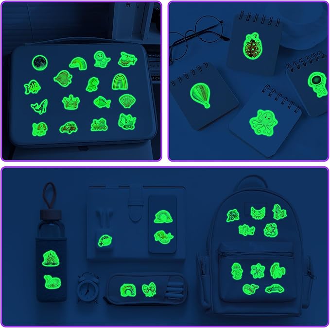 100 Pcs Glow in The Dark Cartoon Water Bottle Stickers for Kids, Cute Waterproof Vinyl Laptop Decals, Kawaii Animals Plants Natural Elements Decorative Sticker Packs