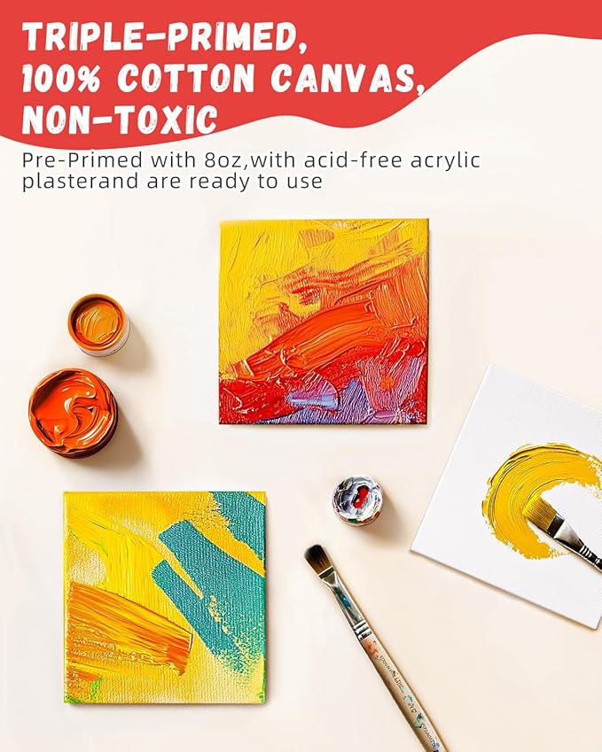 Simetufy Small Painting Canvas Panels 6x6 Inch, 12 Value Pack - 8 Oz Triple Primed 100% Cotton Acid Free White Blank Flat Canvas Boards for Acrylic, Oil Paints