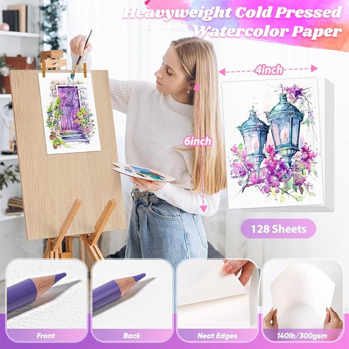 128 Sheets Watercolor Paper, 4"x6" Cold Press Water Color Paper for Kids Adults, 140lb/300gsm Artists Drawing Coloring Sketching Painting, Arts and Crafts Supplies, Valentine Gift Cards, White, Bulk