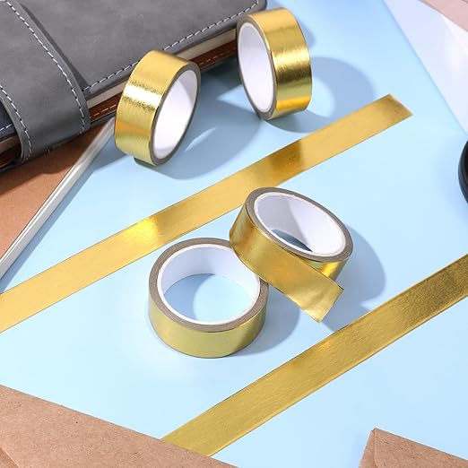4 Rolls Gold Washi Tape Shiny Metallic Color Wall Tape Foil Crafts Washy Sticker Self Adhesive Mirror Stickers Roll Decorative Strips for DIY Crafts Graphic Arts (0.59In x16FT)