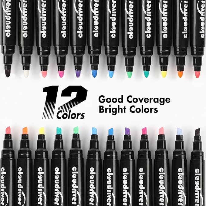 cloudriver Acrylic Paint Pens, 12 Colors Water-based Ink Markers, 24 Pack, Double Pack Of Fine and Chisel Tip Acrylic Paint Pens For Canvas, Rock Painting, Wood, Glass, Metal, Ceramic, stone