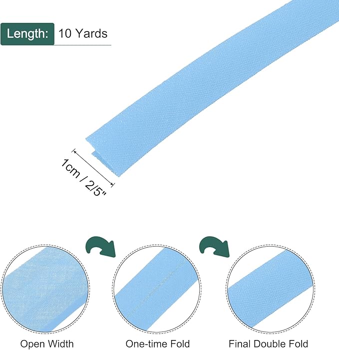 MECCANIXITY 2/5 Inch Double Fold Bias Tape Polyester Continuous Bulk Bias Tape for Sewing,Seaming Quilting Hemming Binding Crafts (Light Blue 10 Yards)