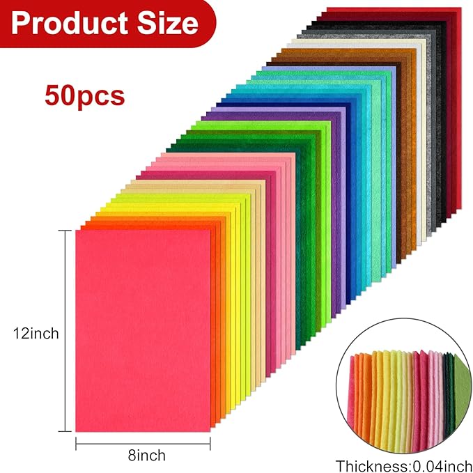 CHRORINE 50 Pcs Assorted Color Felt Fabric Sheets 8" x 12" Soft Felt Fabric Sheet for Crafts DIY Sewing Squares Nonwoven Patchwork (50 Colors)