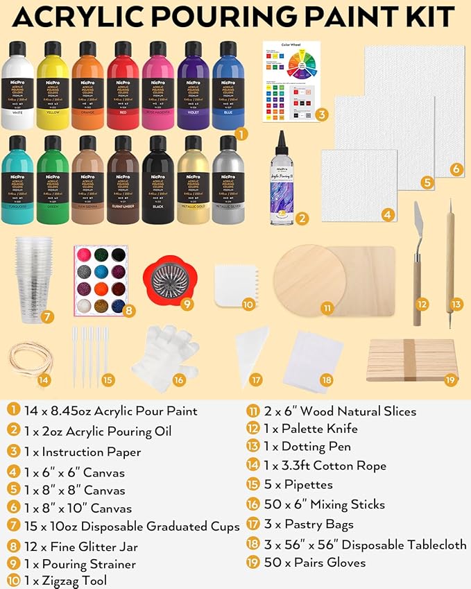 Nicpro 14 Colors 8.45oz Acrylic Pour Paint Supplies Kit, Large Volume Premixed High Flow Painting Bulk Set with Canvas, Wood Natural Slices, Pouring Oil, Tools Gloves, Strainer, Cups for Beginner DIY
