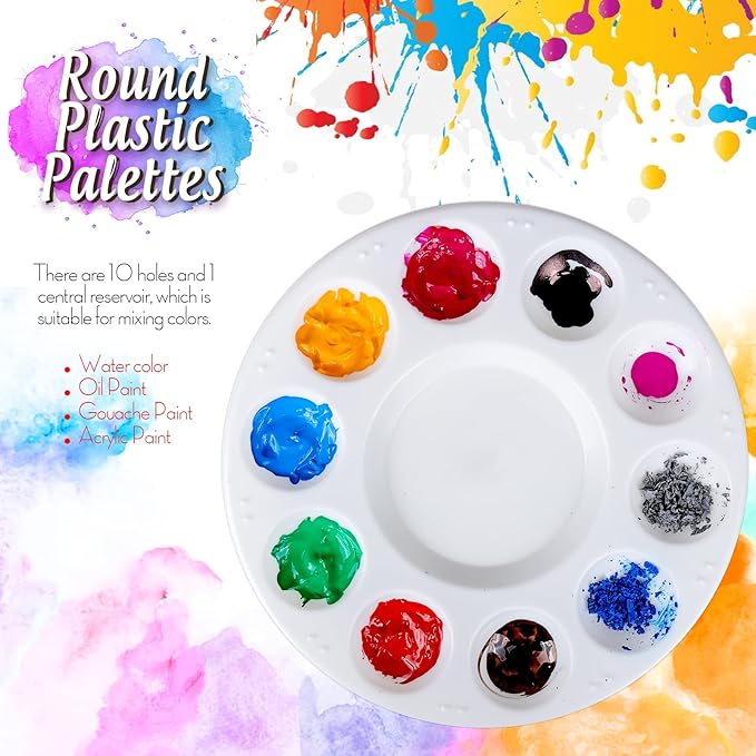 FANDAMEI Round Paint Palettes Plastic Paint Tray Palettes, 6 PCS Paint Tray Palettes, Paint Pallets with 10 Wells for Adults & Kids, for Painting or DIY Craft Class, White