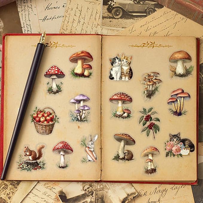 YOKSAS 50PCS Vintage Nature Mushroom Clear Scrapbook Stickers – Retro Botanical Fairycore Stickers for Journaling, Planners, Crafts, Cards & Art Projects