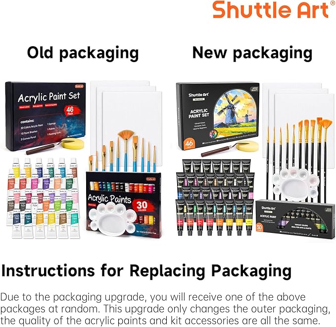 Shuttle Art 46 Pack Acrylic Paint Set, 30 Colors Acrylic Paint with 10 Brushes 3 Canvas 1 Knife Palette Sponge, Complete Painting Set for Kids, Adults, Beginners, Painting Wood, Ceramic