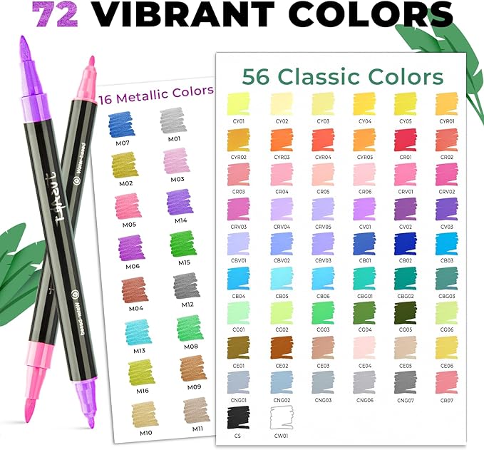 JusArt 72 Colors Acrylic Paint Markers Set with Canvas Bag, Dual Tips with Brush Tip & Fine Tip, No-Bleed, Waterproof, Non-Toxic & Odorless Paint Pens for Rock, Egg, Wood, fabric, Glass, Ceramic, DIY