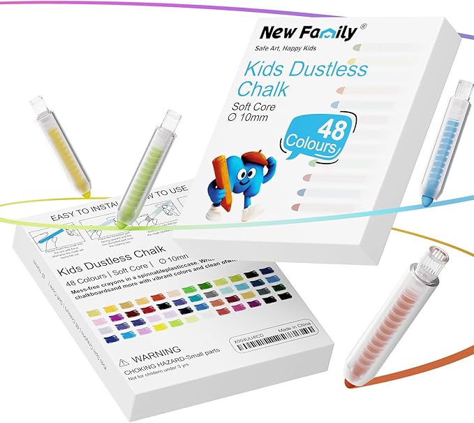 NewFamily 48-Color Dustless Chalk Set with Holders, Non-Toxic Washable Chalk for Kids, Blackboard & Sidewalk Art, Home Projects