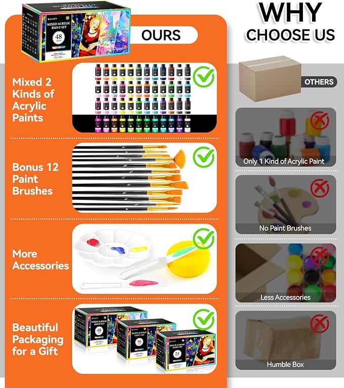 64 PCS Classic & Pastel & Metallic & Glow in the Dark Acrylic Paint Set with 12 Brushes, 2 Knives & Palette, 48 Colors Art Craft Paint for Beginners, Canvas Ceramic Rocks Wood Painting Kit Art Supplies