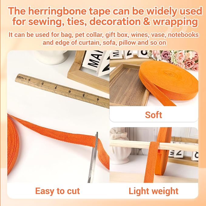 40 Yards Herringbone Twill Tape for Sewing,Pet Collar,Gift Wrapping Home Deco -3/4 inch Cotton Webbing Straps-Natural Bias Binding Tape for Handles, Crafting & DIY Projects (Orange)