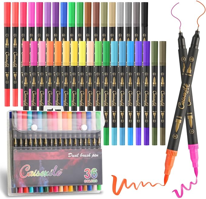 36 Colors Duo Tip Pens Art Markers Set, 72 Nibs Fine and Brush Tip for Adult Coloring Books Journaling Note Taking Lettering Calligraphy Drawing Pens Supplies
