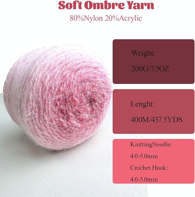 MSD&FT Ombre Yarn, 80% Acrylic 20% Nylon Blend, Pink Gradient, 4-Pack (Chateau Rose)