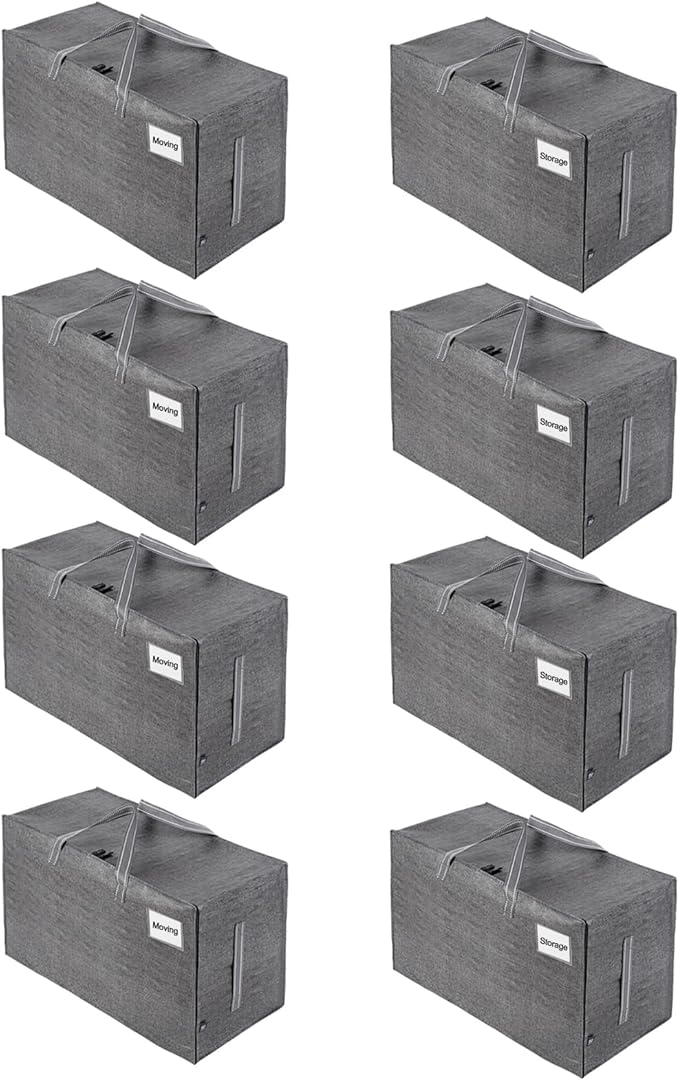 VENO 8 Pack Moving Bags, Moving Supplies, Moving Boxes, College Packing Storage Boxes with Lids Alternative, Heavy Duty Dorm Organizer Tote, Extra Large, Sturdy Handles, Zipper (Dark Gray, 8 Pack)