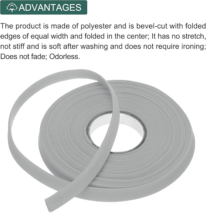 MECCANIXITY 2/5 Inch Double Fold Bias Tape Polyester Continuous Bulk Bias Tape for Sewing,Seaming Quilting Hemming Binding Crafts (Grey 10 Yards)