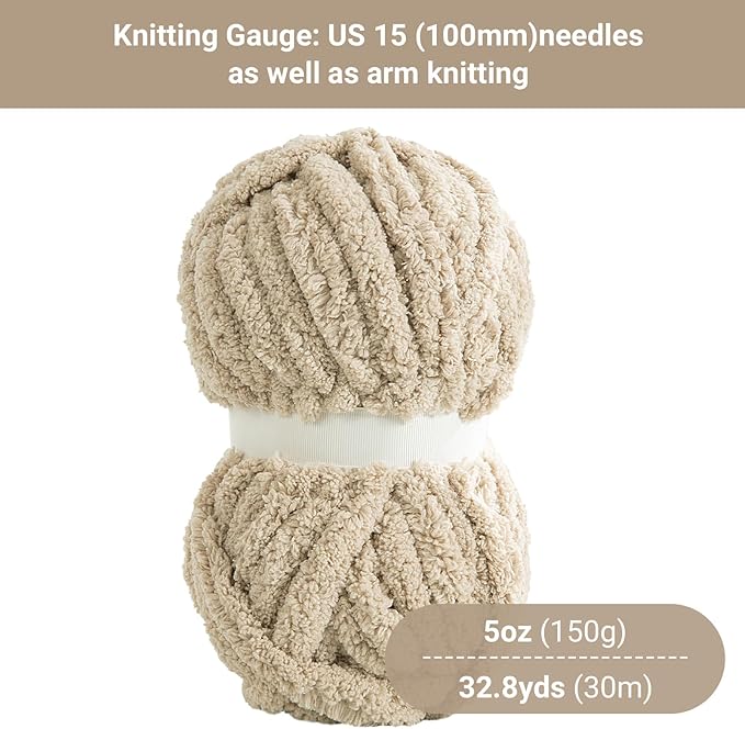 HOMBYS Khaki Chunky Chenille Yarn for Hand Knitting,Fluffy Soft Jumbo Yarn Crocheting,Super Bulky Big Yarn for Chunky Blanket,Large Thick Arm Knitting Yarn,8 Pack Plush Fuzzy Yarn