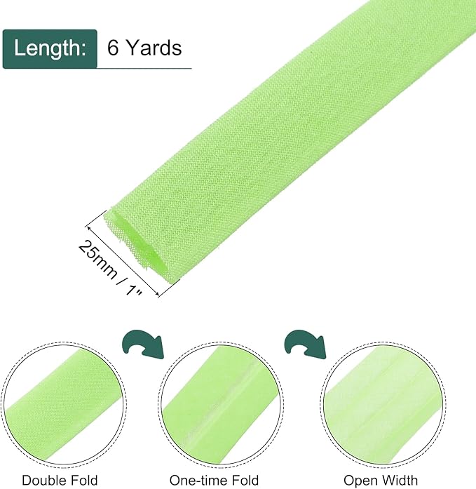 MECCANIXITY 1 Inch Double Fold Bias Tape Continuous Bulk Cotton Bias Tape for Sewing Seaming Quilting Hemming Binding Crafts (Green 6 Yards)