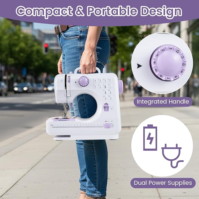 COSTWAY Sewing Machine for Beginner, Portable Mini Electric Sewing Machine with 12 Built-in Stitches, Accessory Kit, LED Light, 2 Speeds & Foot Pedal, Storage Drawer, Ideal for Home DIY Projects