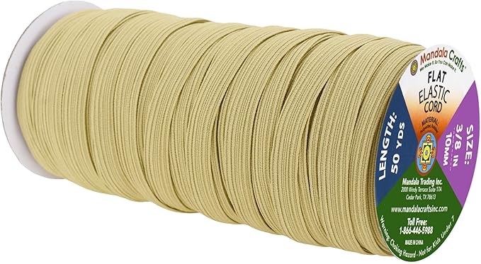 Mandala Crafts 10mm 50 Yds Roll of Beige Elastic Bands for Sewing - 3/8 Flat Elastics Cord - 3 8 Inch Braided Stretch Straps for Crafting