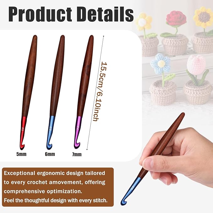 Giwrmu 3 Pcs Crochet Hooks, 5.0mm/6.0mm/7.0mm Ergonomic Crochet Hook, Colored Aluminum Crochet Hook with Wooden Handle Crochet Needle for Crocheting Yarn