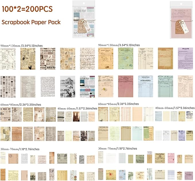 200 Sheets Vintage Newspaper Tickets Scrapbook Paper, Journaling Scrapbooking Supplies Craft Posters Decoupage Paper Ephemera for Junk Journals Card Making Decorative Background