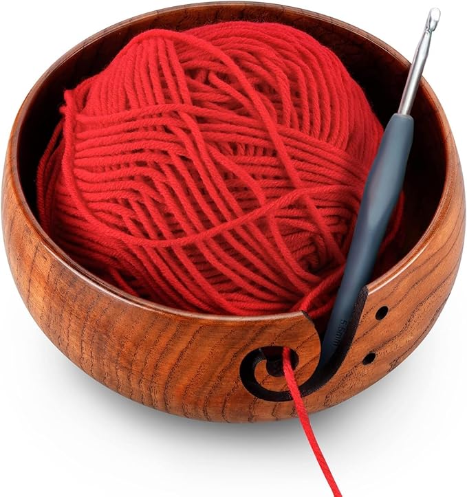 Wooden Yarn Bowl with 8Pcs Metal Crochet Hooks, Knitting Yarn Bowl with Holes Storage Handmade to Prevent Slipping, Perfect Yarn Holder Bowl for Crocheting and Knitting Mother's Day Gift 6" x 3"