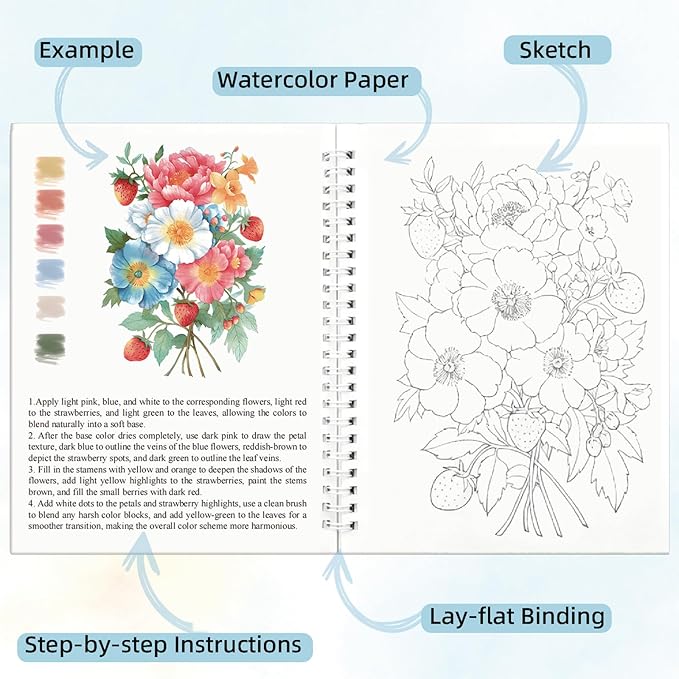 Watercolor Workbook, 15 Different Patterns of Original DIY Paintings for Water Color Book, 8.7 * 6.7inch, Water Coloring Book for Beginners Adults (Without Palette, Flowers)