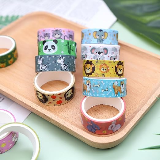 Cute Washi Tape Set, 12 Rolls Kawaii Animal Decorative Tape Cartoon Forest Masking Tape for Journaling Supplies, Junk Journal, Scrapbooking, DIY Arts & Crafts, Gift Wrapping
