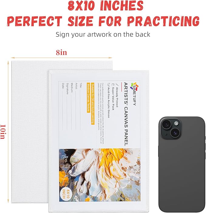 Simetufy Canvas Boards for Painting, 8 x 10 Inch Blank Panels, 100% Cotton for Acrylic & Oil Paints (80 Pack)