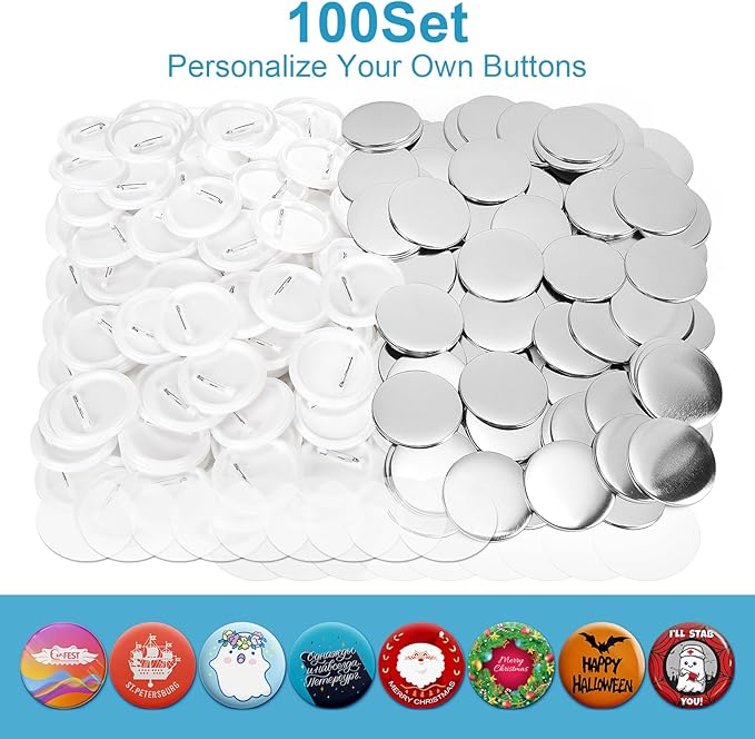 KUNTAERY 100 Sets 3 Inch Button Maker Supplies, 75mm Round Badge Parts with Metal Covers, Plastic Pin Backs, Clear Film & Blank Paper, Perfect for Button Maker Machine & Badge Press