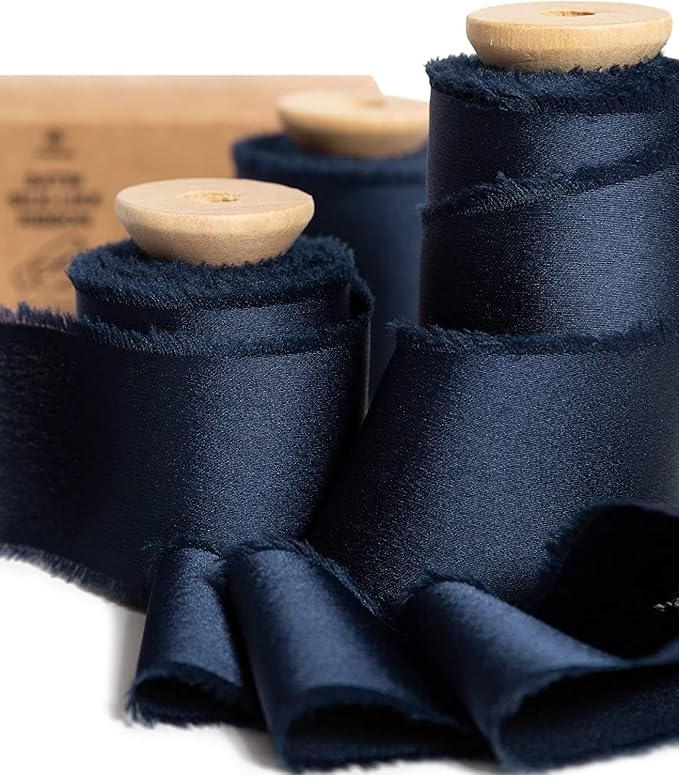 Vitalizart Navy Blue Ribbon Silk Satin 1-1/2 inch x 15 Yard Navy Blue Handmade Frayed Ribbons for Gift Wrapping Baby Shower Wedding Bridal Bouquets Holiday Decor
