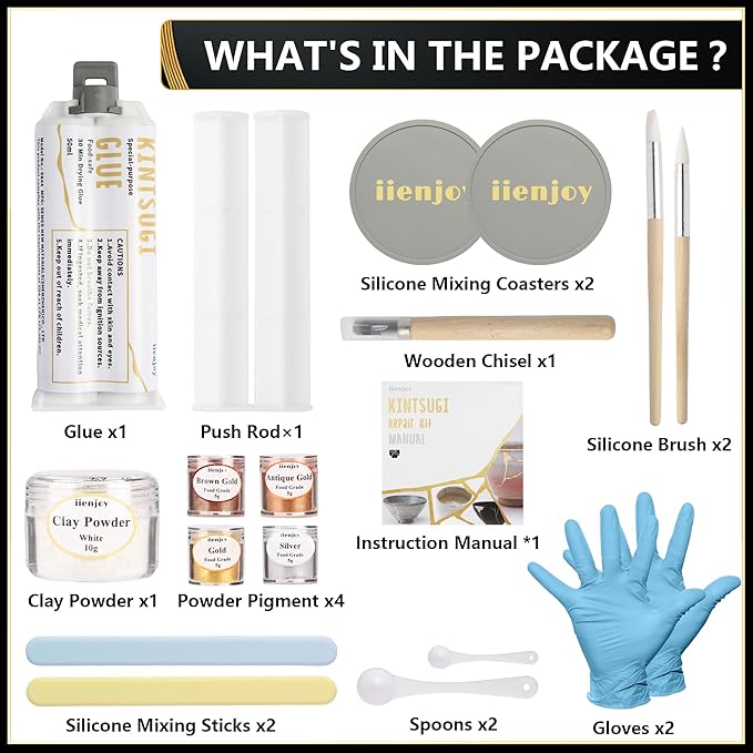 iienjoy Kintsugi Repair Kit, 4 Colors Food Safe Kintsugi Kit Repairs Broken Ceramics, Jade, Glass, Meaningful Pottery, Kintsugi Gold Glue for Ceramics and Porcelain Repair Perfect for Beginners
