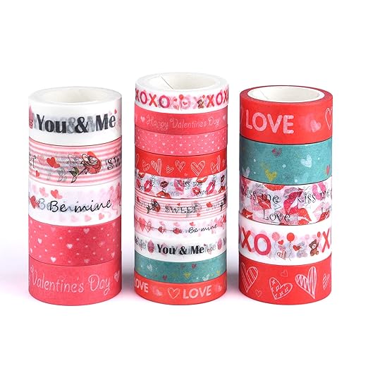 MIAHART 20 Rolls Valentines Washi Tape Set, Pink Heart Washi Tape 8MM/15MM Wide Love Craft Tape Valentines Gift Wrapping Tape for DIY Valentine's Day Greeting Card, Holiday Party Supplies