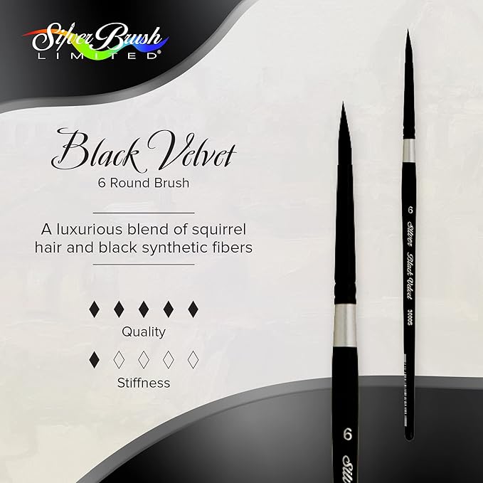 Silver Brush Limited 3000S-6 Black Velvet Round Paintbrush for Watercolor, Gouache, Inks, & Dyes, Size 6, Short Handle