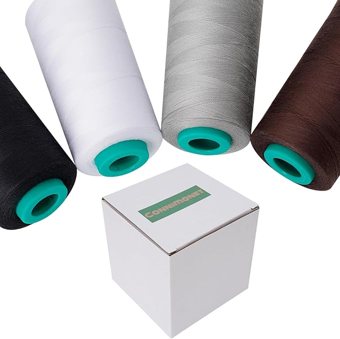 Serger Thread 4 Pack, All-Purpose Sewing Thread Polyester,4 Cones of 3000 Yards Each Spool,Cone Thread for Sewing Machine,140S/2 (Black,White,Brown,Grey)