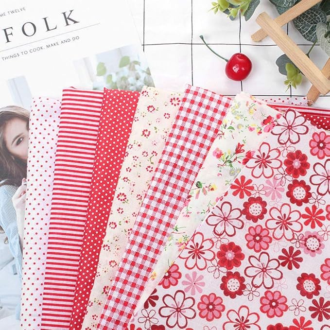 7Pcs Fat Quarters Fabric Bundles Sewing, 9.8×9.8in Red Flowers Square Cotton Precut Fat Sheets for DIY Patchwork Quilting Crafting